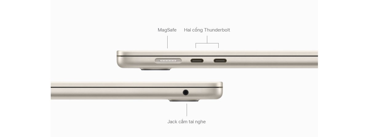 MacBook Air M2 15‑inch cũng hỗ trợ nhiều kết nối, bao gồm Thunderbolt 4, USB 4, cổng tai nghe 3.5mm, Wi-Fi 6 và Bluetooth 5.0, đảm bảo trải nghiệm kết nối mượt mà và ổn định.