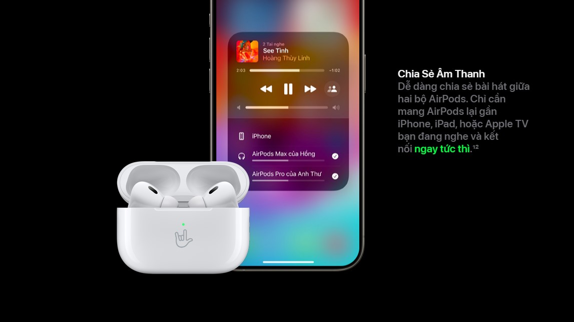 Một tính năng thú vị khác của AirPods Pro 2 là khả năng chia sẻ âm thanh. Người dùng có thể dễ dàng kết nối và chia sẻ âm nhạc, phim hoặc các nội dung âm thanh với bạn bè hoặc người thân bằng cách kết nối thêm một bộ AirPods Pro 2 khác. Điều này mang lại cơ hội thưởng thức trải nghiệm âm thanh cùng nhau, tăng thêm sự gần gũi và tương tác xã hội.