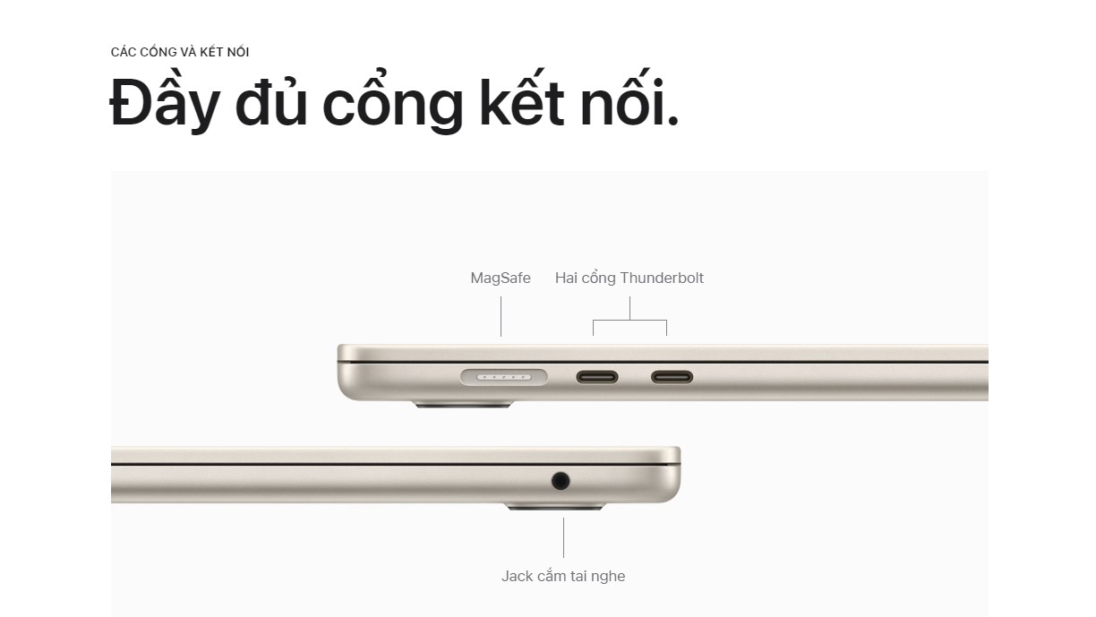 Khả Năng Kết Nối Linh Hoạt Về khả năng kết nối, MacBook Air M3 không hề kém cạnh so với các dòng máy tính xách tay khác. Máy được trang bị các cổng kết nối hiện đại, bao gồm 2 cổng USB-C Thunderbolt 4, cổng tai nghe 3,5 mm và khe thẻ nhớ SD. Nhờ các cổng Thunderbolt 4, người dùng có thể kết nối nhanh chóng với các thiết bị ngoại vi như màn hình, ổ cứng di động hay dock station. Tốc độ truyền dữ liệu lên đến 40Gb/s giúp tăng cường hiệu suất và năng suất làm việc. Đặc biệt, việc tích hợp khe cắm thẻ nhớ SD mang lại sự tiện lợi cho các nhiếp ảnh gia và chuyên gia sáng tạo nội dung, giúp họ dễ dàng truyền tải và xử lý các tệp ảnh và video.