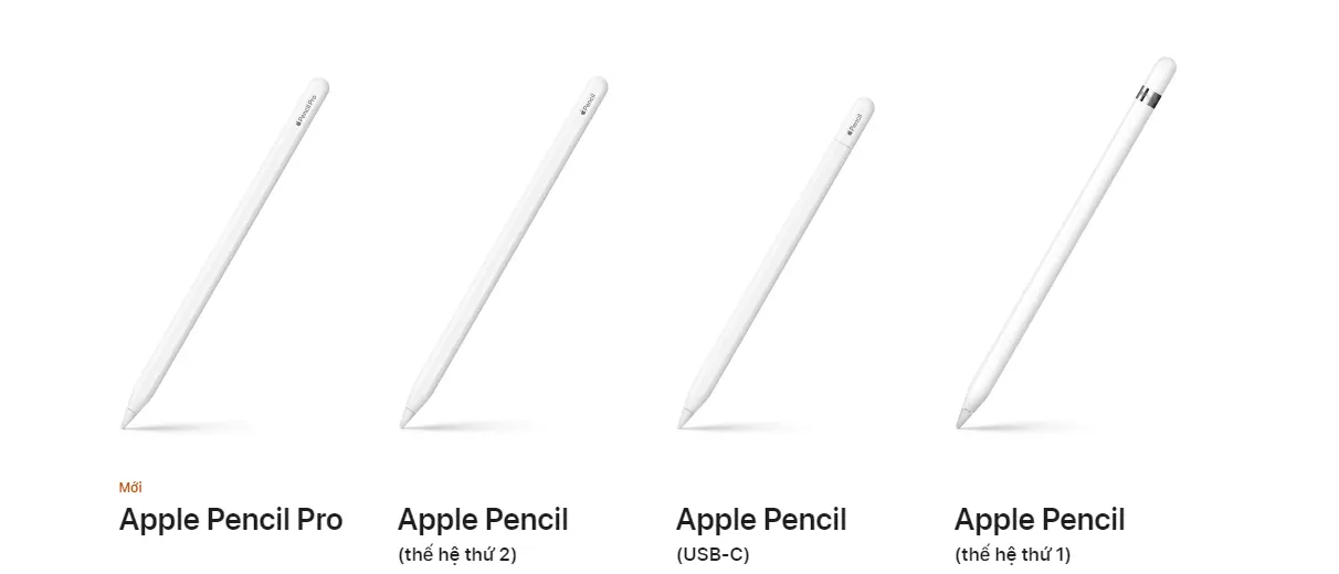 So sánh Apple Pencil Pro, USB-C, Apple Pencil 2 và Apple Pencil 1 