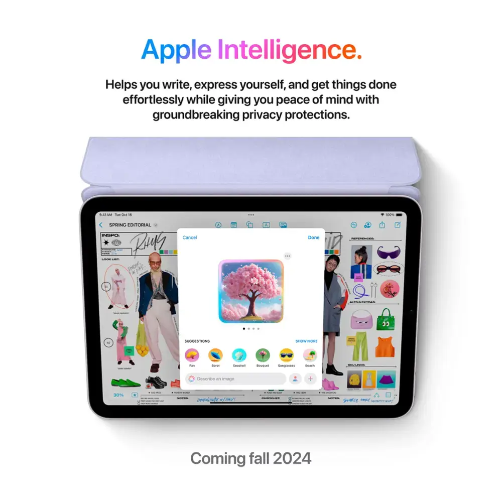 iPad Mini 7 tích hợp hệ thống Apple Intelligence, cung cấp các công cụ AI tiên tiến để cải thiện hiệu suất làm việc và bảo mật.